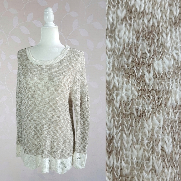 Poof Slouchy Open Knit Scallop Crochet Hem Tunic Top Taupe Cream Medium - Picture 1 of 15